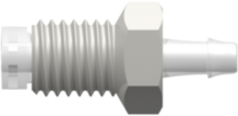 Threaded UNF Fitting 1/4-28 UNF Bottom Sealing Rotating Thread to 500 Series Barb, 3/32 (2.4 mm) ID Tubing, White Nylon over Animal-Free Polypropylene