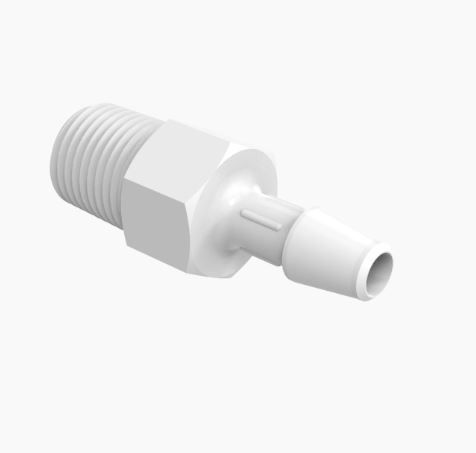 Adapter 1/8 NPT Thread x 3/16 Barb in White Polypropylene