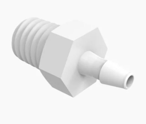 Adapter 10-32 Taper Thread x 1/16 Barb in White Nylon